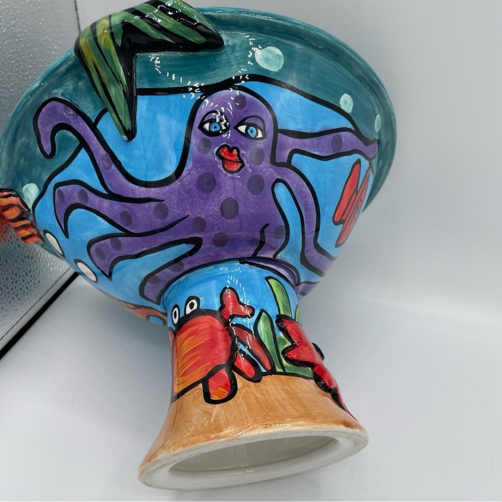 Mermaid & Sea Creatures Large Pedestal Bowl 7"Tall x 10”Diameter Nicole Engblom - Picture 5 of 9